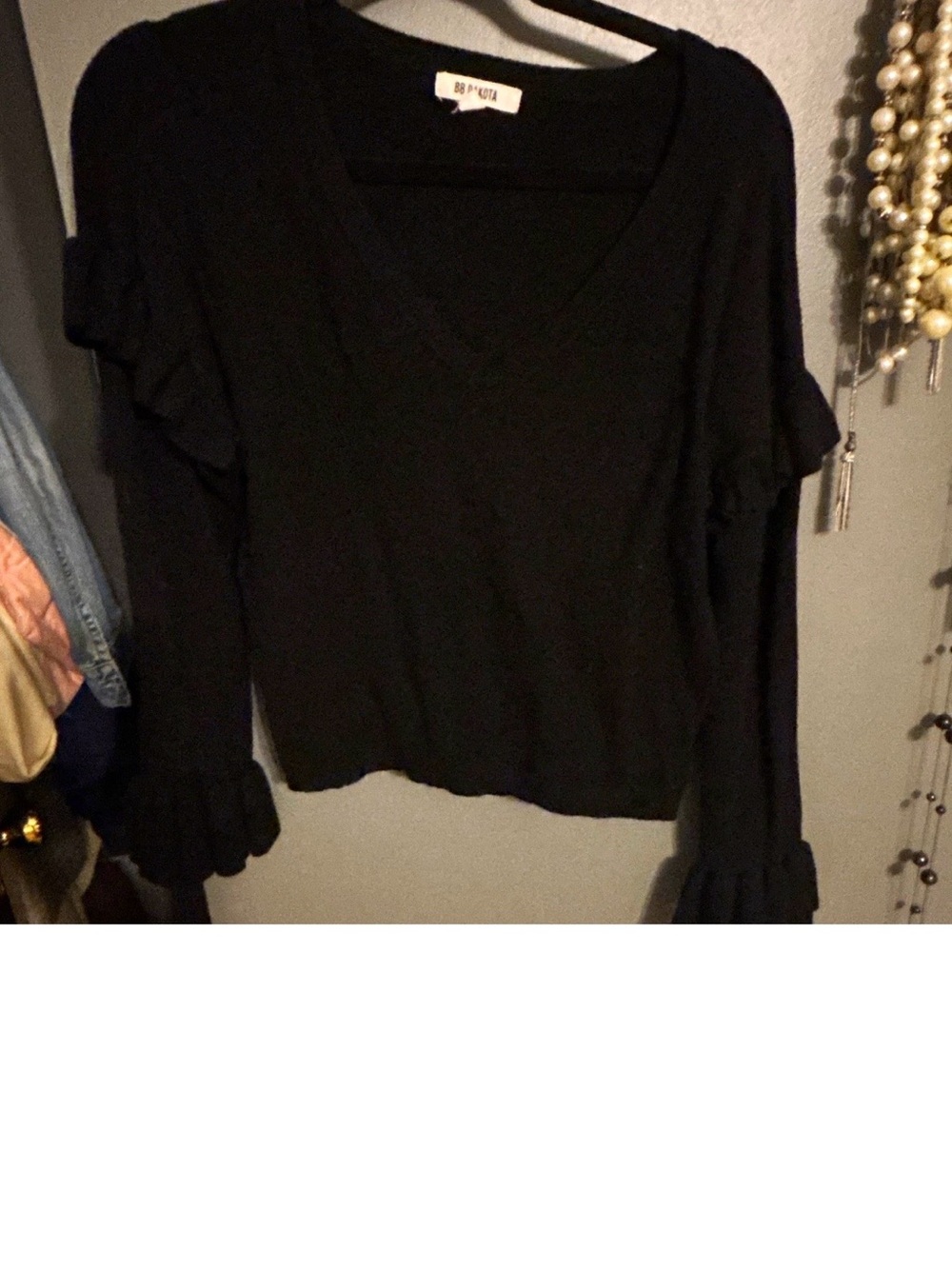 BB Dakota Black V-Neck Ruffle-Sleeve Sweater Top
